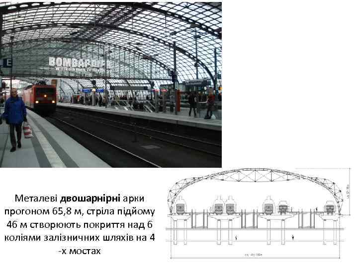Металеві двошарнірні арки прогоном 65, 8 м, стріла підйому 46 м створюють покриття над