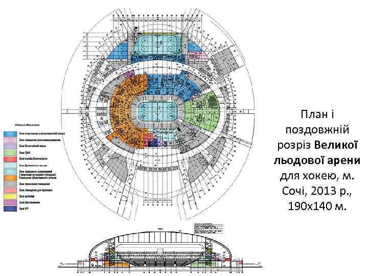 План і поздовжній розріз Великої льодової арени для хокею, м. Сочі, 2013 р. ,