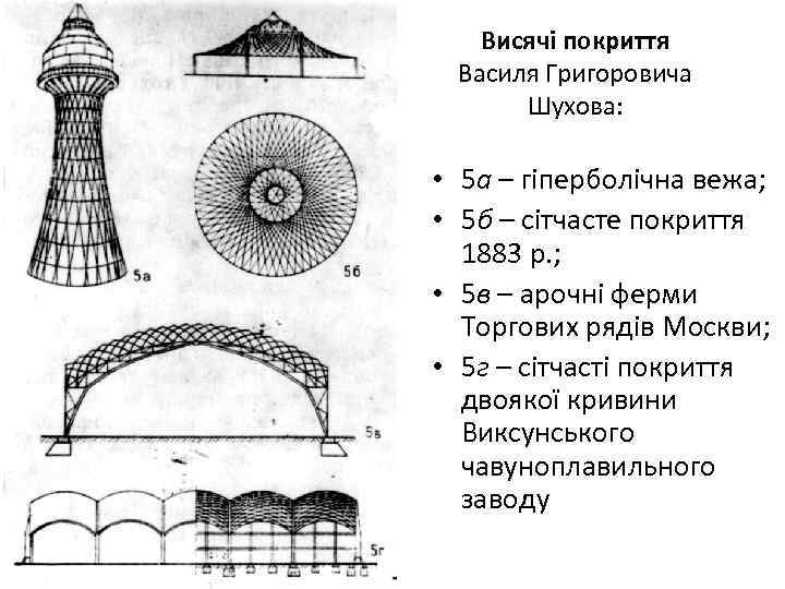 Висячі покриття Василя Григоровича Шухова: • 5 а – гіперболічна вежа; • 5 б