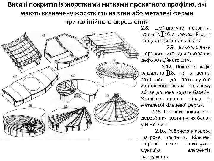 Висячі покриття із жорсткими нитками прокатного профілю, які мають визначену жорсткість на згин або