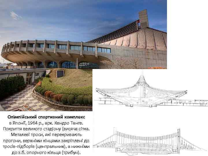 Олімпійський спортивний комплекс в Японії, 1964 р. , арх. Кендзо Танге. Покриття великого стадіону