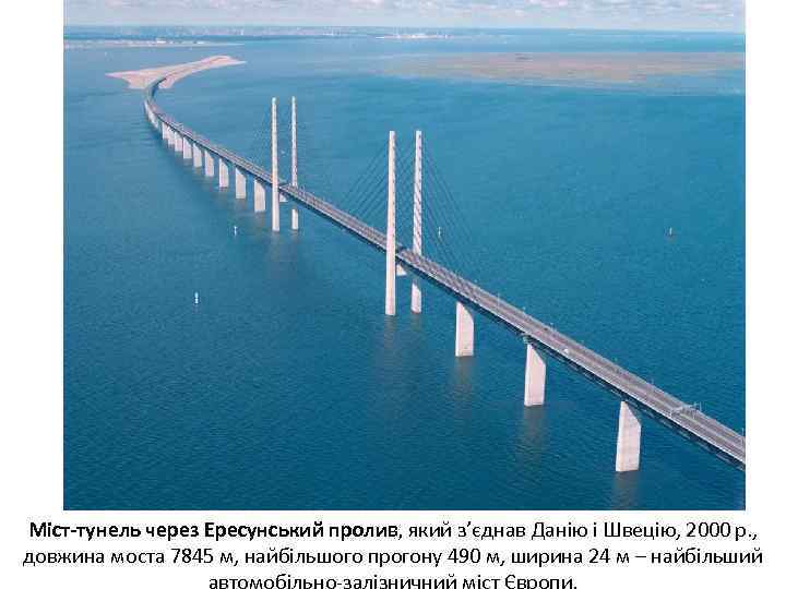 Міст-тунель через Ересунський пролив, який з’єднав Данію і Швецію, 2000 р. , довжина моста