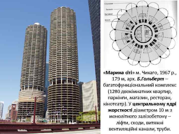  «Марина сіті» м. Чикаго, 1967 р. , 179 м, арх. Б. Гольберт –