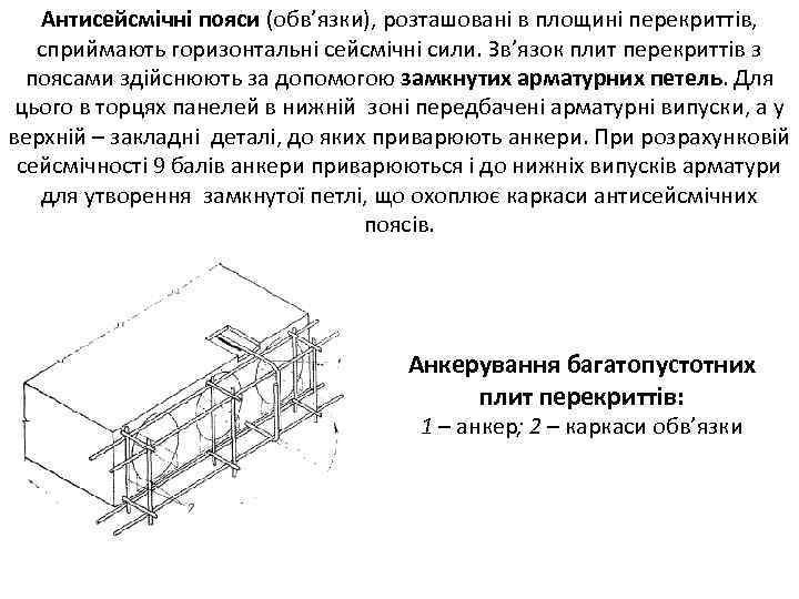Антисейсмічні пояси (обв’язки), розташовані в площині перекриттів, сприймають горизонтальні сейсмічні сили. Зв’язок плит перекриттів