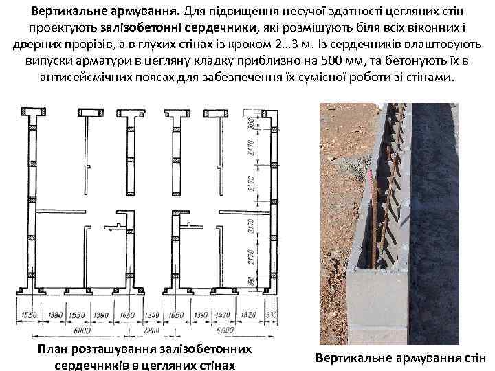 Вертикальне армування. Для підвищення несучої здатності цегляних стін проектують залізобетонні сердечники, які розміщують біля