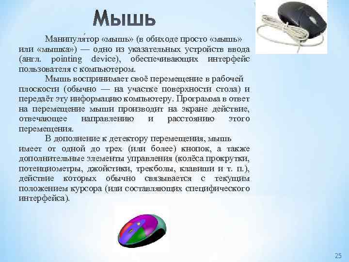 Манипуля тор «мышь» (в обиходе просто «мышь» или «мышка» ) — одно из указательных