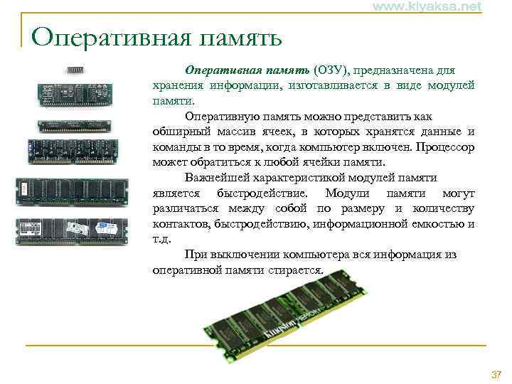 Оперативная память (ОЗУ), предназначена для хранения информации, изготавливается в виде модулей памяти. Оперативную память