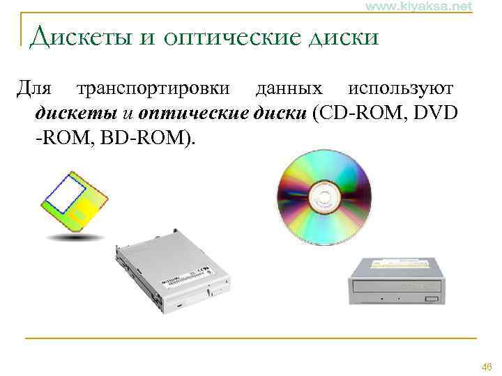 Дискеты и оптические диски Для транспортировки данных используют дискеты и оптические диски (CD-ROM, DVD