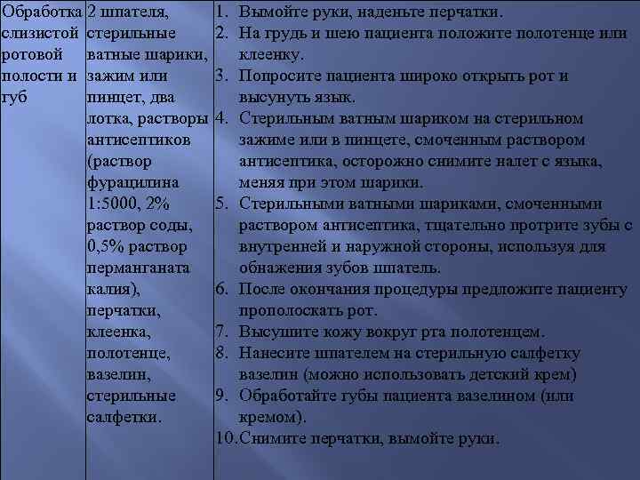 Обработка 2 шпателя, 1. Вымойте руки, наденьте перчатки. слизистой стерильные 2. На грудь и
