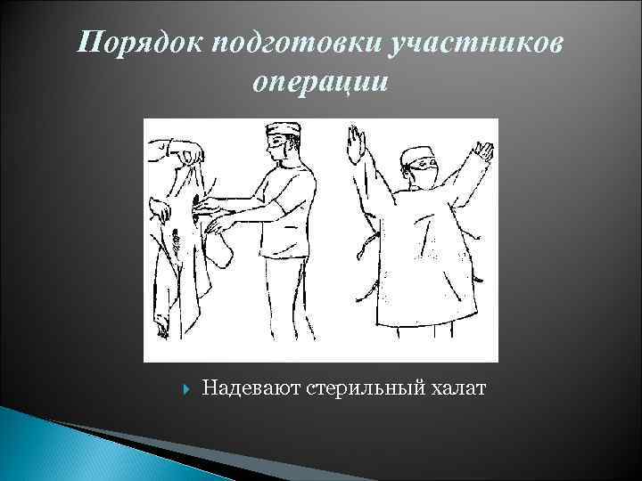 Порядок подготовки участников операции Надевают стерильный халат 