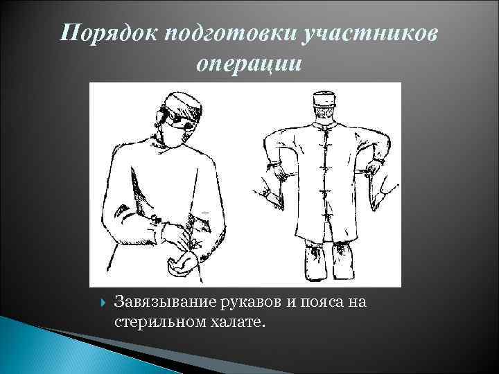 Порядок подготовки участников операции Завязывание рукавов и пояса на стерильном халате. 