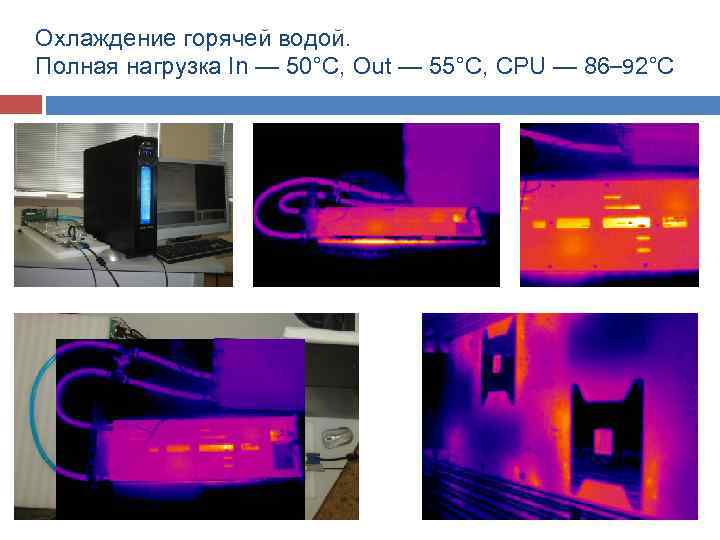 Охлаждение горячей водой. Полная нагрузка In — 50°C, Out — 55°C, CPU — 86–