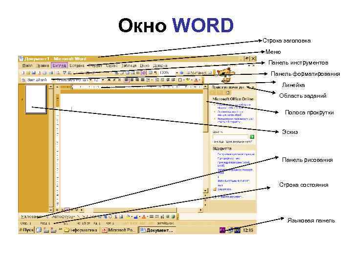 Окно WORD Строка заголовка Меню Панель инструментов Панель форматирования Линейка Область заданий Полоса прокрутки