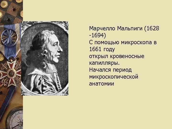 Марчелло Мальпиги (1628 -1694) С помощью микроскопа в 1661 году открыл кровеносные капилляры. Начался