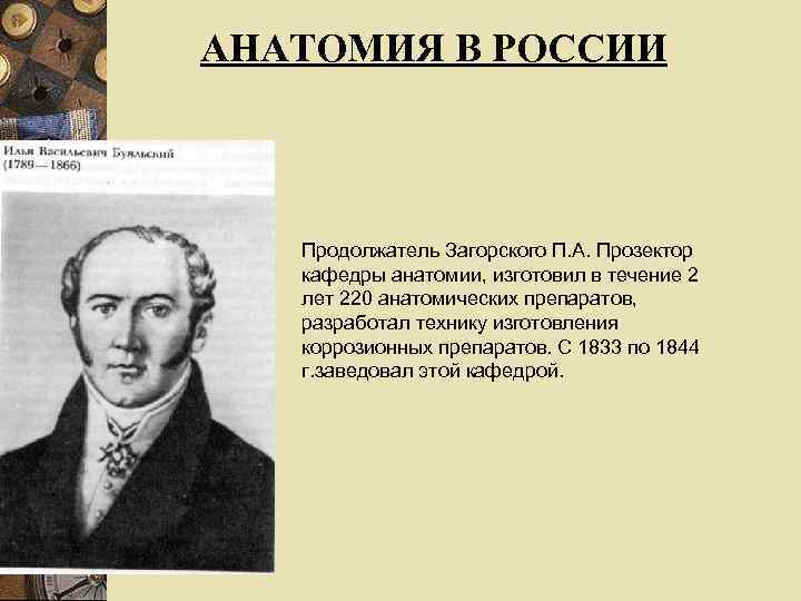 АНАТОМИЯ В РОССИИ Продолжатель Загорского П. А. Прозектор кафедры анатомии, изготовил в течение 2