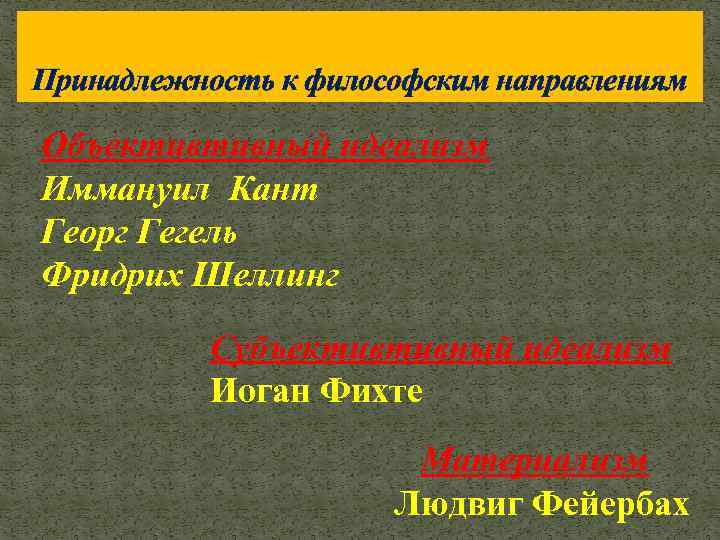 Принадлежность к философским направлениям Объективтивный идеализм Иммануил Кант Георг Гегель Фридрих Шеллинг Субъективтивный идеализм