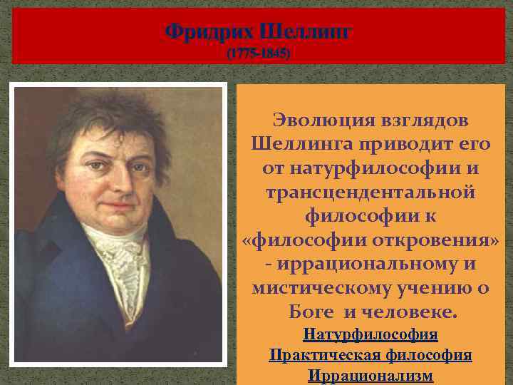 Фридрих Шеллинг (1775 -1845) Эволюция взглядов Шеллинга приводит его от натурфилософии и трансцендентальной философии