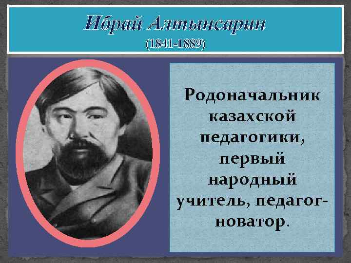 Ибрай Алтынсарин (1841 -1889) Родоначальник казахской педагогики, первый народный учитель, педагогноватор. 