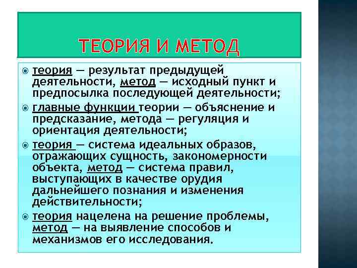 ТЕОРИЯ И МЕТОД теория — результат предыдущей деятельности, метод — исходный пункт и предпосылка