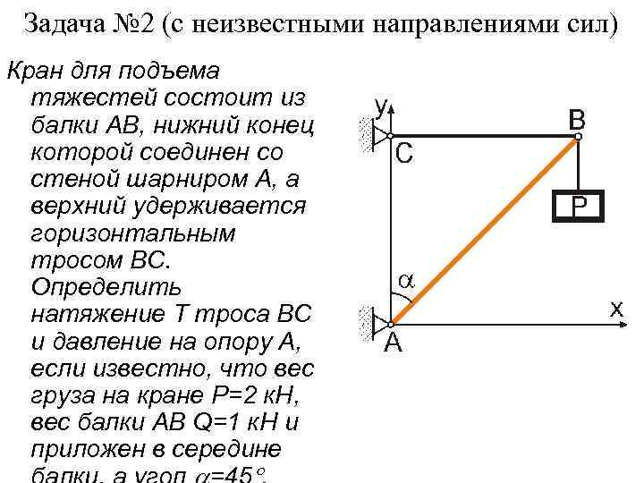 Задача № 2 (с неизвестными направлениями сил) Кран для подъема тяжестей состоит из балки