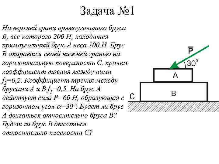 Задача № 1 На верхней грани прямоугольного бруса В, вес которого 200 Н, находится