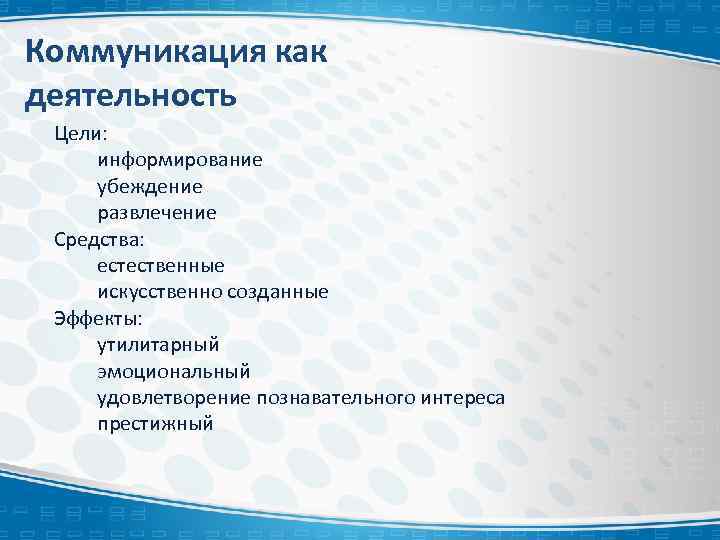 Коммуникация как деятельность Цели: информирование убеждение развлечение Средства: естественные искусственно созданные Эффекты: утилитарный эмоциональный