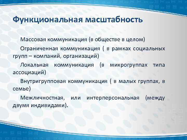 Функциональная масштабность Массовая коммуникация (в обществе в целом) Ограниченная коммуникация ( в рамках социальных