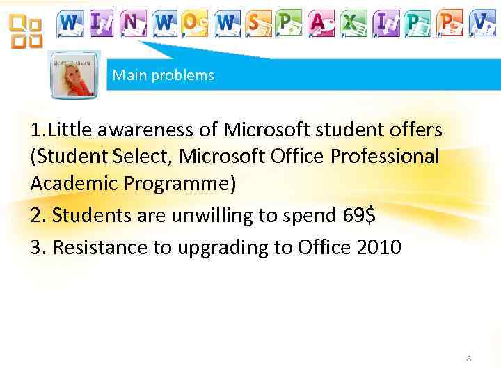 Main problems 1. Little awareness of Microsoft student offers (Student Select, Microsoft Office Professional