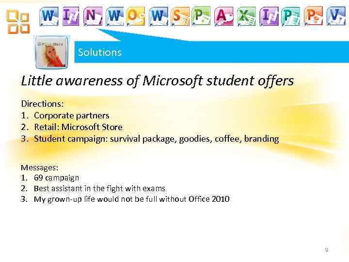 Solutions Little awareness of Microsoft student offers Directions: 1. Corporate partners 2. Retail: Microsoft