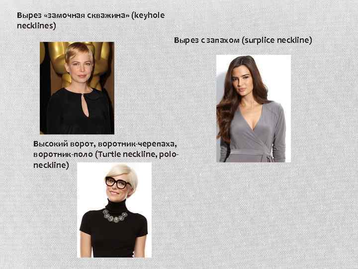 Вырез «замочная скважина» (keyhole necklines) Вырез с запахом (surplice neckline) Высокий ворот, воротник-черепаха, воротник-поло