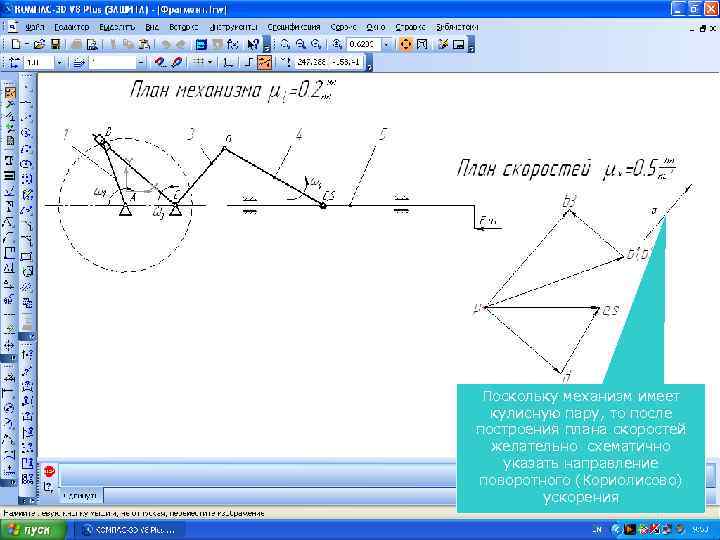 Поскольку механизм имеет кулисную пару, то после построения плана скоростей желательно схематично указать направление