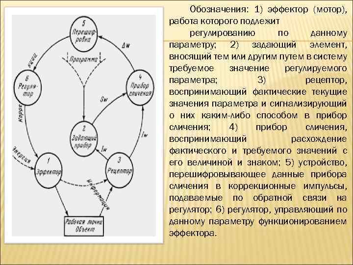 Обозначения: 1) эффектор (мотор), работа которого подлежит регулированию по данному параметру; 2) задающий элемент,