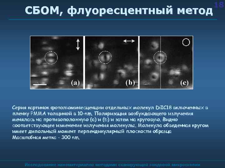 СБОМ, флуоресцентный метод Серия картинок фотолюминесценции отдельных молекул Di. IC 18 включенных в пленку