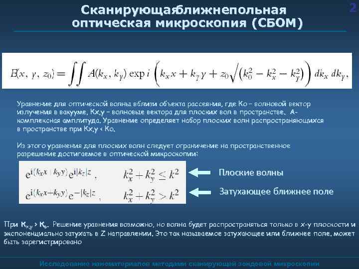 Сканирующая ближнепольная оптическая микроскопия (СБОМ) 2 Уравнение для оптической волны вблизи объекта рассеяния, где