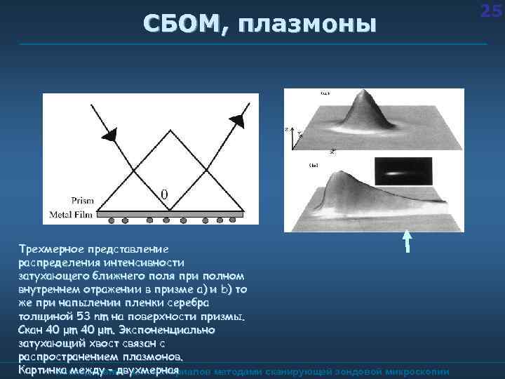 СБОМ, плазмоны Трехмерное представление распределения интенсивности затухающего ближнего поля при полном внутреннем отражении в