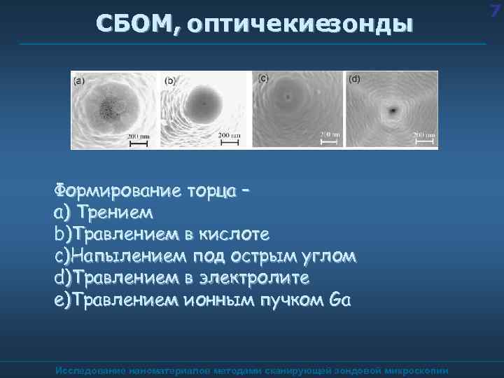 СБОМ, оптичекиезонды Формирование торца – a) Трением b)Травлением в кислоте c)Напылением под острым углом