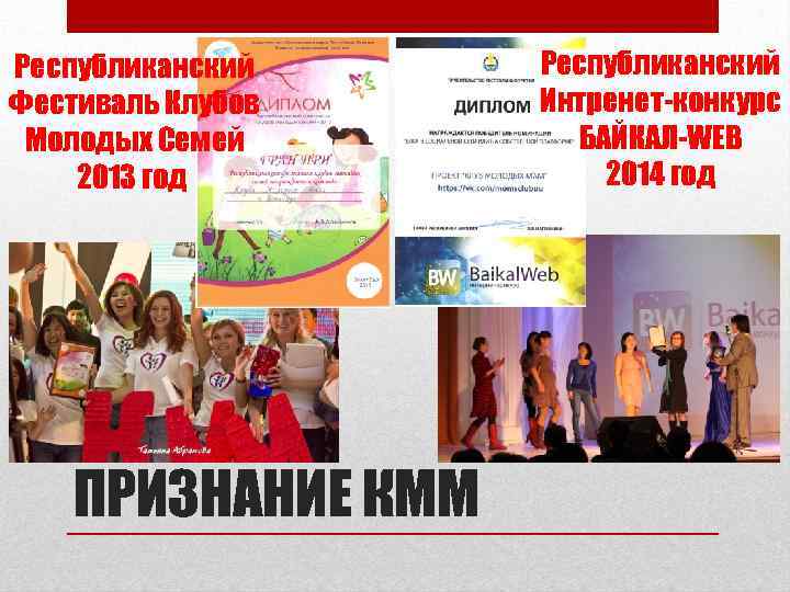 Республиканский Фестиваль Клубов Молодых Семей 2013 год ПРИЗНАНИЕ КММ Республиканский Интренет-конкурс БАЙКАЛ-WEB 2014 год