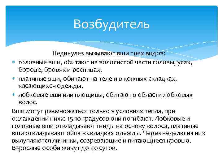 Возбудитель Педикулез вызывают вши трех видов: головные вши, обитают на волосистой части головы, усах,