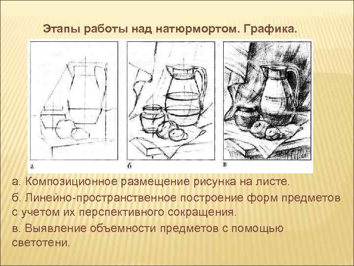 Этапы работы над натюрмортом. Графика. а. Композиционное размещение рисунка на листе. б. Линейно-пространственное построение