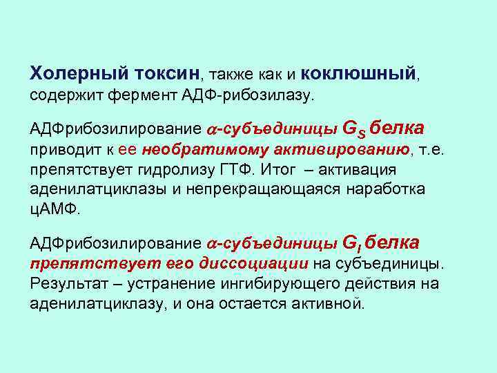 Холерный токсин, также как и коклюшный, содержит фермент АДФ-рибозилазу. АДФрибозилирование -субъединицы GS белка приводит