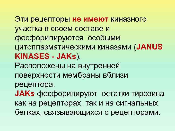 Эти рецепторы не имеют киназного участка в своем составе и фосфорилируются особыми цитоплазматическими киназами