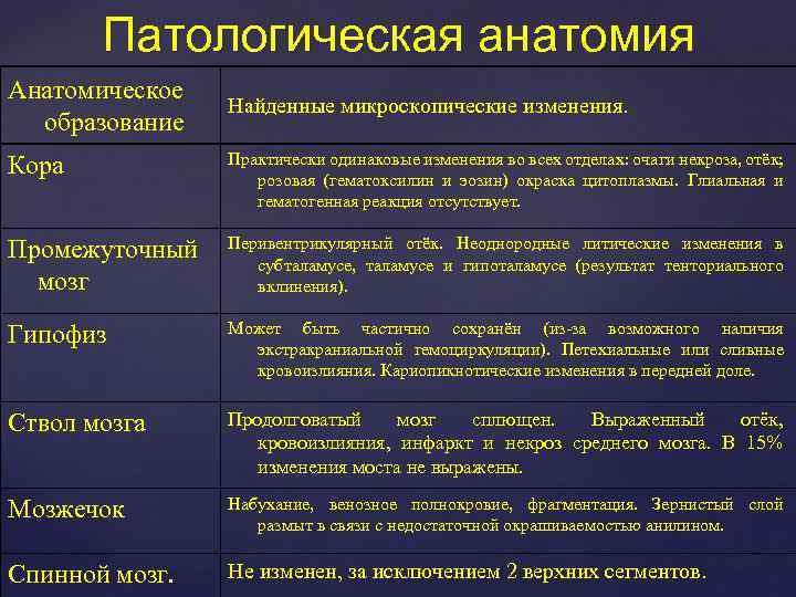 Патологическая анатомия Анатомическое образование Найденные микроскопические изменения. Кора Практически одинаковые изменения во всех отделах: