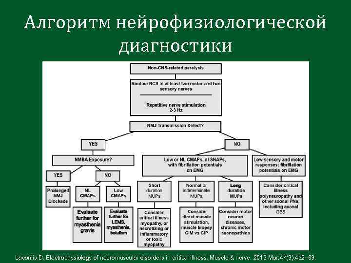 Алгоритм нейрофизиологической диагностики Lacomis D. Electrophysiology of neuromuscular disorders in critical illness. Muscle &