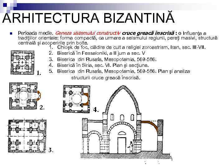 ARHITECTURA BIZANTINĂ n Perioada medie. Geneza sistemului constructiv cruce greacă înscrisă : o Influenţa