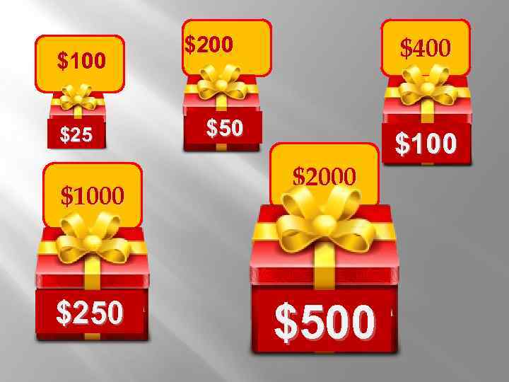 $100 $25 $1000 $250 $200 $400 $50 $100 $2000 $500 