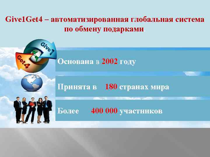 Give 1 Get 4 – автоматизированная глобальная система по обмену подарками Основана в 2002