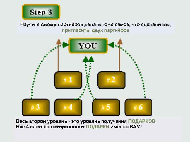 Научите своих партнёров делать тоже самое, что сделали Вы, пригласить двух партнёров Весь второй