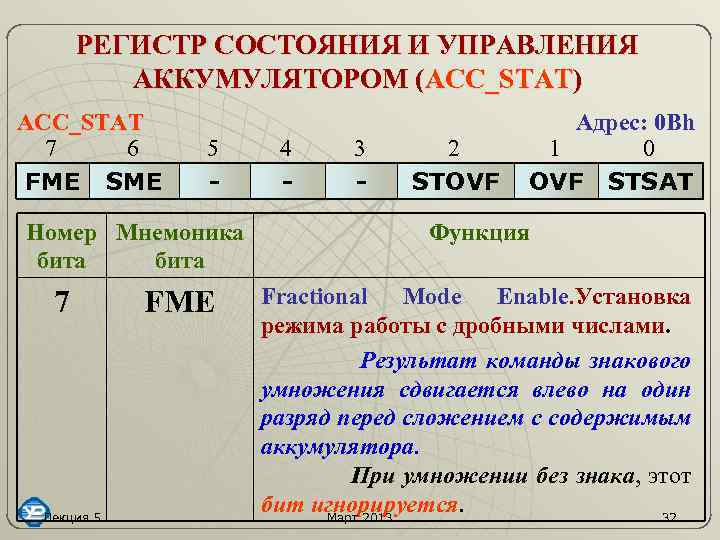 РЕГИСТР СОСТОЯНИЯ И УПРАВЛЕНИЯ АККУМУЛЯТОРОМ (ACC_STAT) ACC_STAT 7 6 FME SME 5 - Номер