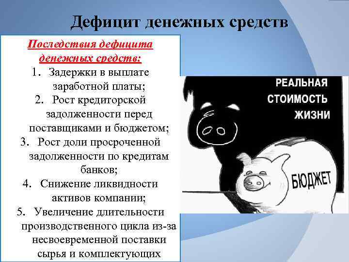 Дефицит денежных средств Последствия дефицита денежных средств: 1. Задержки в выплате заработной платы; 2.