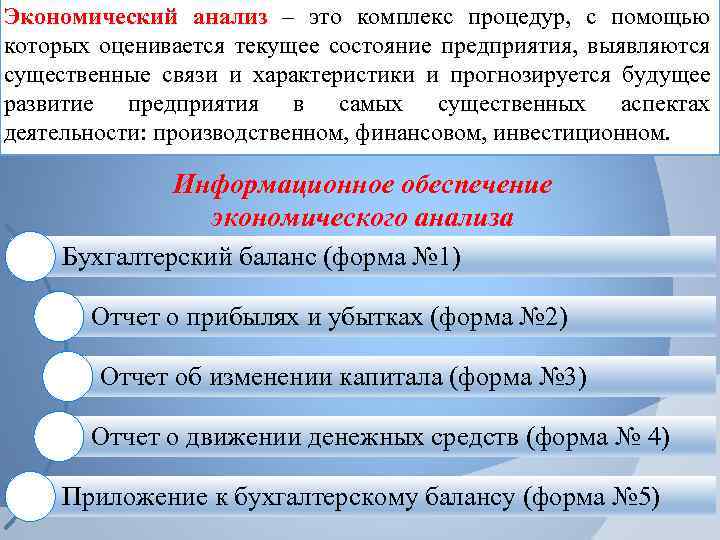 Экономический анализ – это комплекс процедур, с помощью которых оценивается текущее состояние предприятия, выявляются